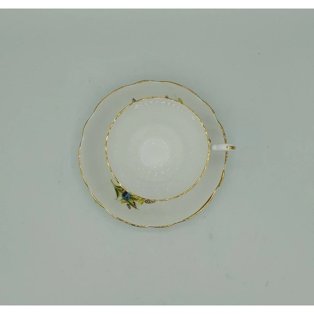 Royal Ascot Tea Cup‎ Saucer Wheat Blue Purple Flower Gold Rim Scallop Footed